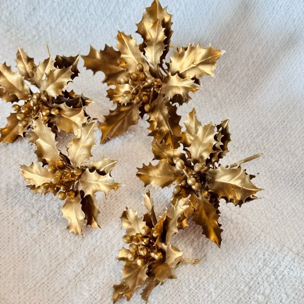 5 VINTAGE Metallic Gold Winter Holly Faux Floral Stems Thick & Rubbery Picks